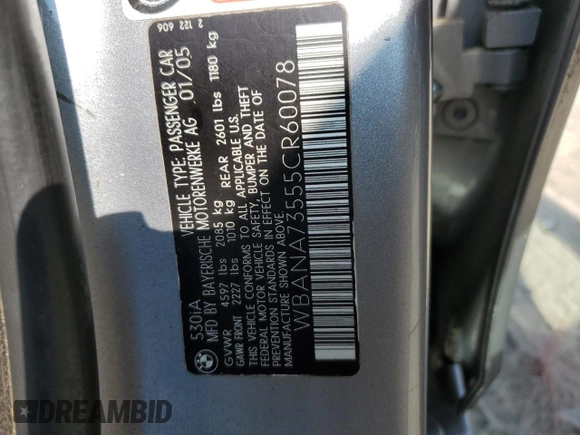 2005 BMW 5 Series 530i with VIN WBANA73555CR60078, listed as a Copart auction lot 61430145 with 87,725 mi miles and Clean title. Bid and sale history available at DreamBid. Image 13.