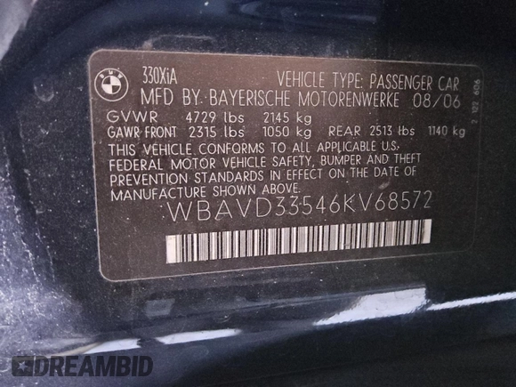 2006 BMW 3 Series 330xi with VIN WBAVD33546KV68572, listed as a Copart auction lot 88468665 with 117,827 mi miles and Clean Title. Bid and sale history available at carsss.com. Image 12.