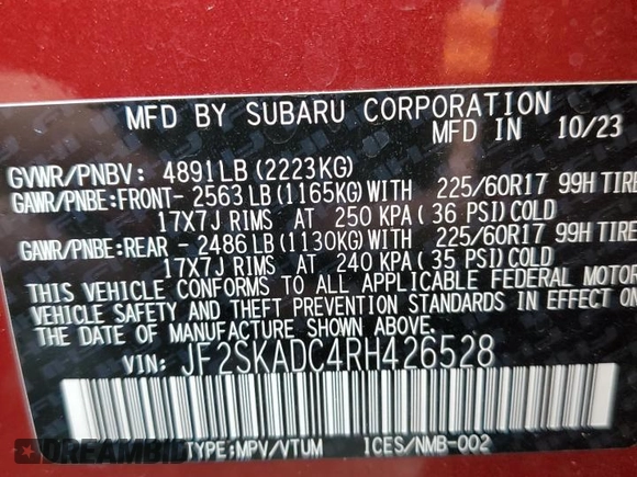 2024 Subaru Forester Premium with VIN JF2SKADC4RH426528, listed as a Copart auction lot 59957325 with 8,306 mi miles and Salvage title. Bid and sale history available at DreamBid. Image 13.