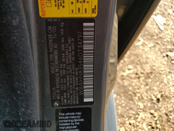 2006 BMW 7 Series 750Li with VIN WBAHN83546DT34797, listed as a Copart auction lot 60511685 with 92,565 mi miles and Salvage title. Bid and sale history available at DreamBid. Image 13.