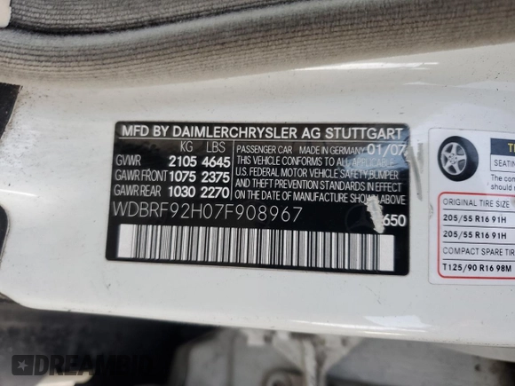 2007 Mercedes-Benz C 280 Luxury z VIN WDBRF92H07F908967, wystawiony jako Copart lot #57304005 z przebiegiem Nie podano mil oraz Nie do naprawy • Non repairable. Historia ofert i sprzedaży dostępna na DreamBid. Obrazek 13.