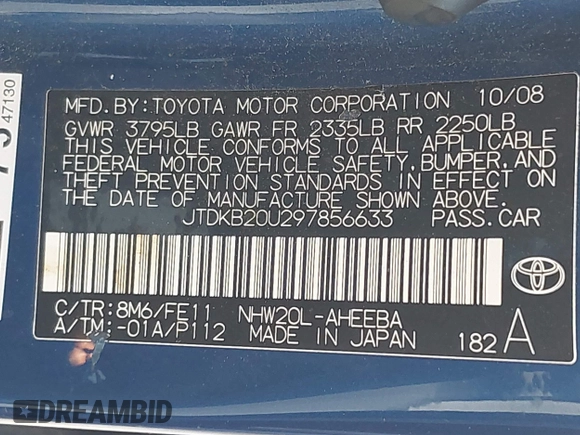 2009 Toyota Prius with VIN JTDKB20U297856633, listed as a IAAI auction lot 42013442 with 247,448 mi miles. Bid and sale history available at carsss.com. Image 9.