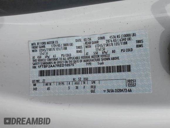 2024 Ford F-250 XL z VIN 1FTBF2AA7RED10575, wystawiony jako Copart lot #54944875 z przebiegiem 22 756 mil mil oraz Szkoda całkowita • Salvage title. Historia ofert i sprzedaży dostępna na DreamBid. Obrazek 12.