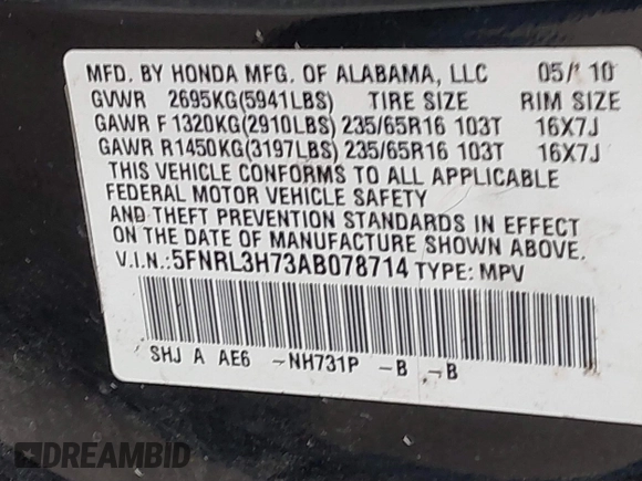 2010 Honda Odyssey EX-L with VIN 5FNRL3H73AB078714, listed as a IAAI auction lot 41520151 with 218,466 mi miles and . Bid and sale history available at DreamBid. Image 9.
