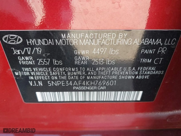 2019 Hyundai Sonata Sport with VIN 5NPE34AF4KH769601, listed as a IAAI auction lot 41674549 with 98,288 mi miles. Bid and sale history available at carsss.com. Image 9.