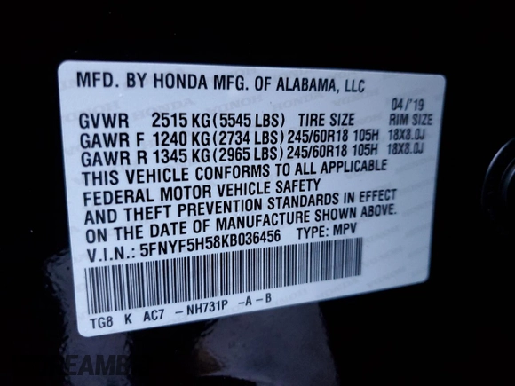 2019 Honda Pilot EX-L with VIN 5FNYF5H58KB036456, listed as a Copart auction lot 44360445 with 82,714 mi miles and Salvage Title. Bid and sale history available at DreamBid. Image 13.