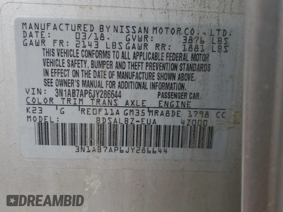 2018 Nissan Sentra S z VIN 3N1AB7AP6JY286644, wystawiony jako Copart lot #52153605 z przebiegiem 71 252 mil mil oraz Szkoda całkowita • Salvage title. Historia ofert i sprzedaży dostępna na DreamBid. Obrazek 15.