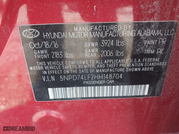 2017 Hyundai Elantra SE with VIN 5NPD74LF2HH148704, listed as a IAAI auction lot 41427250 with 143,142 mi miles. Bid and sale history available at carsss.com. Image 9.