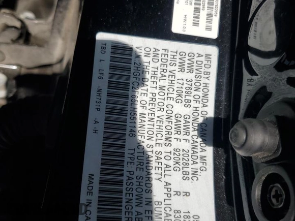2020 Honda Civic LX z VIN 2HGFC2F65LH551146, wystawiony jako Copart lot #57307625 z przebiegiem 50 725 mil mil oraz Szkoda całkowita • Salvage title. Historia ofert i sprzedaży dostępna na DreamBid. Obrazek 13.