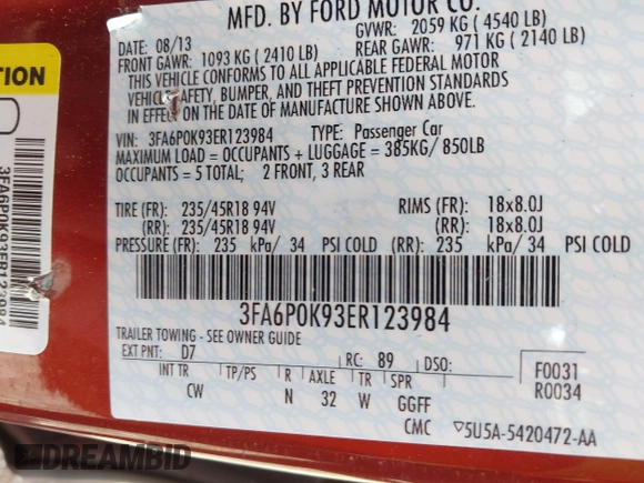2014 Ford Fusion Titanium with VIN 3FA6P0K93ER123984, listed as a IAAI auction lot 42049931 with 60,443 mi miles. Bid and sale history available at carsss.com. Image 9.