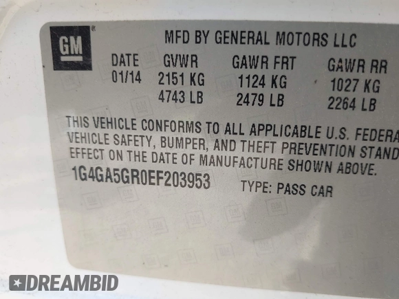 2014 Buick LaCrosse with VIN 1G4GA5GR0EF203953, listed as a IAAI auction lot 42354366 with 143,144 mi miles and . Bid and sale history available at DreamBid. Image 9.