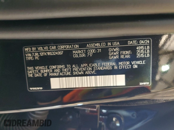 2024 Volvo S60 Core Dark Theme with VIN 7JRL12FK1RG324997, listed as a Copart auction lot 64224614 with 981 mi miles and Salvage Title. Bid and sale history available at carsss.com. Image 12.