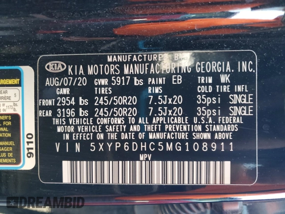 2021 Kia Telluride S with VIN 5XYP6DHC5MG108911, listed as a Copart auction lot 56204825 with 62,699 mi miles and Salvage title. Bid and sale history available at DreamBid. Image 13.