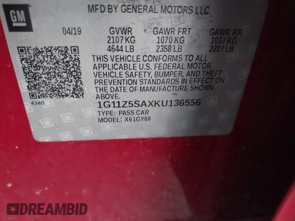 2019 Chevrolet Impala LT with VIN 1G11Z5SAXKU136556, listed as a IAAI auction lot 41751123 with 122,575 mi miles and . Bid and sale history available at DreamBid. Image 9.