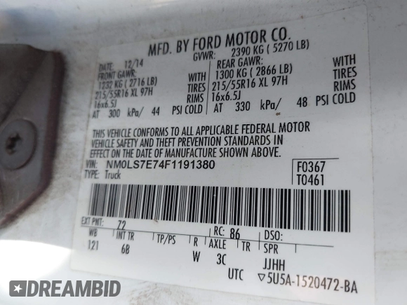 2015 Ford Transit Connect XL with VIN NM0LS7E74F1191380, listed as a IAAI auction lot 42026637 with 95,096 mi miles and . Bid and sale history available at DreamBid. Image 8.