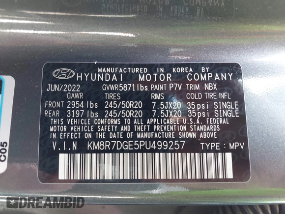 2023 Hyundai Palisade Calligraphy z VIN KM8R7DGE5PU499257, wystawiony jako IAAI lot #42231889 z przebiegiem 90 714 mil mil oraz . Historia ofert i sprzedaży dostępna na DreamBid. Obrazek 9.