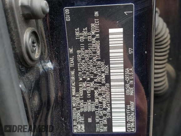 2009 Toyota Tundra 4WD Truck with VIN 5TFBW54139X091759, listed as a Copart auction lot 81697254 with 142,707 mi miles and Salvage Title. Bid and sale history available at carsss.com. Image 14.