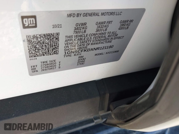 2022 Chevrolet Suburban Premier with VIN 1GNSCFKDXNR121180, listed as a IAAI auction lot 41833036 with 86,085 mi miles and . Bid and sale history available at DreamBid. Image 9.