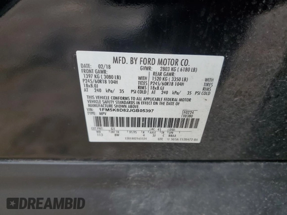 2018 Ford Explorer XLT z VIN 1FM5K8D82JGB05397, wystawiony jako Copart lot #60911525 z przebiegiem 146 485 mil mil oraz Nie do naprawy • Non repairable. Historia ofert i sprzedaży dostępna na DreamBid. Obrazek 13.