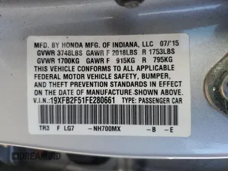 2015 Honda Civic Sedan LX with VIN 19XFB2F51FE280661, listed as a Copart auction lot 53431935 with 175,730 mi miles and Salvage Title. Bid and sale history available at carsss.com. Image 14.