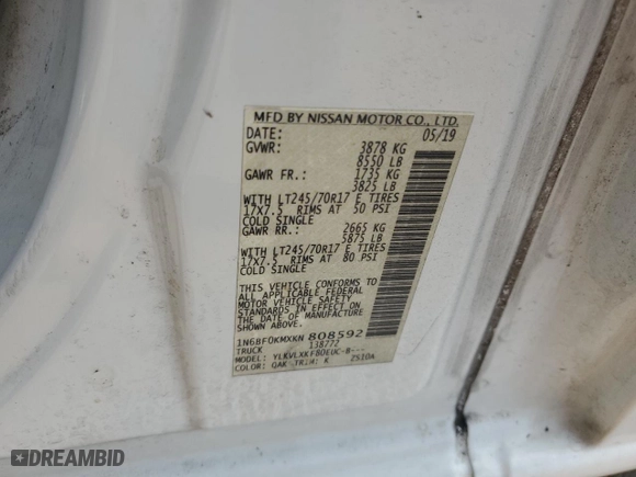 2019 Nissan NV S with VIN 1N6BF0KMXKN808592, listed as a Copart auction lot 78003114 with 78,320 mi miles and Salvage Title. Bid and sale history available at carsss.com. Image 13.