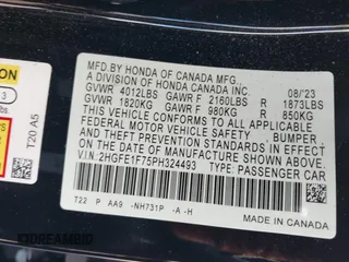 2023 Honda Civic Sedan EX with VIN 2HGFE1F75PH324493, listed as a IAAI auction lot 41692213 with 14,026 mi miles. Bid and sale history available at carsss.com. Image 9.