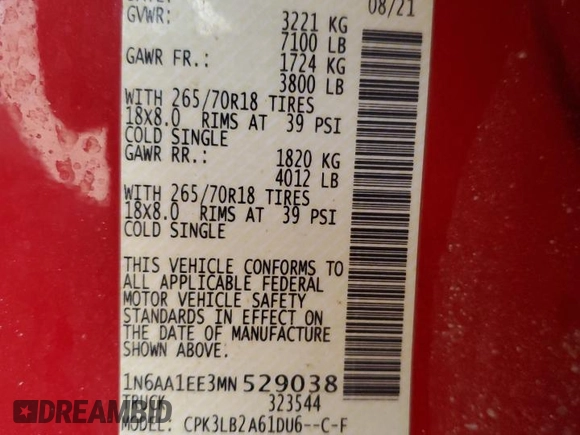 2021 Nissan Titan SV with VIN 1N6AA1EE3MN529038, listed as a Copart auction lot 45019855 with 66,400 mi miles and Salvage title. Bid and sale history available at DreamBid. Image 15.