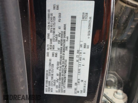 2021 Ford F-250 XL z VIN 1FT7W2BT7MED42733, wystawiony jako Copart lot #55831675 z przebiegiem 95 393 mil mil oraz Szkoda całkowita • Salvage title. Historia ofert i sprzedaży dostępna na DreamBid. Obrazek 12.
