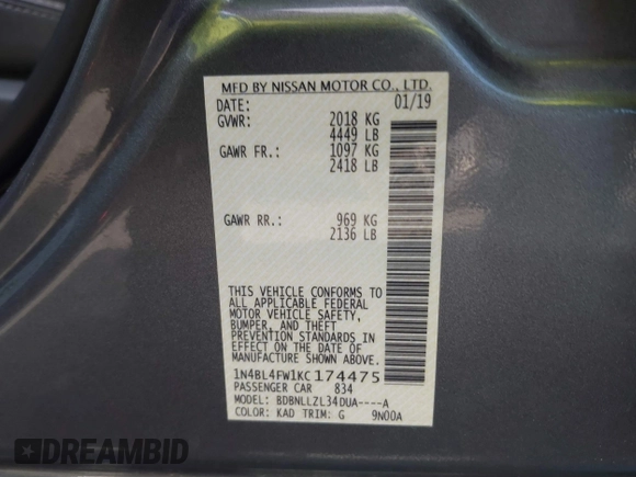 2019 Nissan Altima 2.5 Platinum with VIN 1N4BL4FW1KC174475, listed as a IAAI auction lot 41231692 with 93,048 mi miles. Bid and sale history available at carsss.com. Image 9.