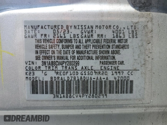 2023 Nissan Sentra SV with VIN 3N1AB8CV4PY280299, listed as a Copart auction lot 53739635 with 34,825 mi miles and Clean Title. Bid and sale history available at carsss.com. Image 12.