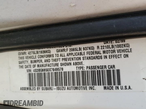 1999 Subaru Legacy Outback with VIN 4S3BG6850X7649578, listed as a Copart auction lot 56654155 with 174,651 mi miles and Salvage title. Bid and sale history available at DreamBid. Image 13.