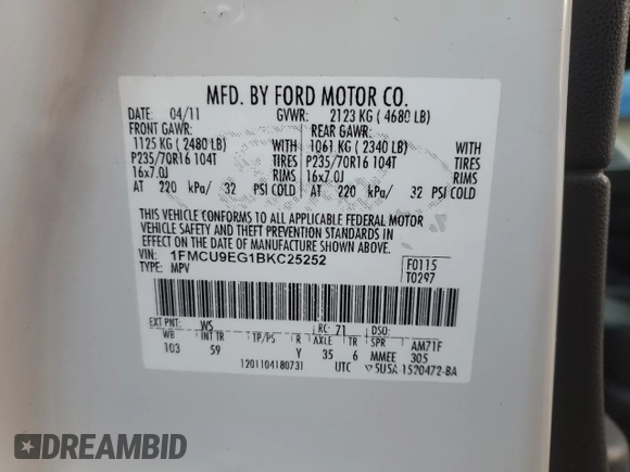 2011 Ford Escape Limited with VIN 1FMCU9EG1BKC25252, listed as a Copart auction lot 82745764 with 202,179 mi miles and Salvage Title. Bid and sale history available at DreamBid. Image 15.