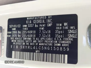 2022 Kia Sorento S with VIN 5XYRL4LC5NG150859, listed as a IAAI auction lot 41648364 with 57,911 mi miles. Bid and sale history available at carsss.com. Image 9.