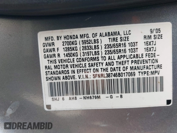 2006 Honda Odyssey EX-L with VIN 5FNRL38746B017069, listed as a IAAI auction lot 42124194 with 1 mi miles. Bid and sale history available at carsss.com. Image 9.