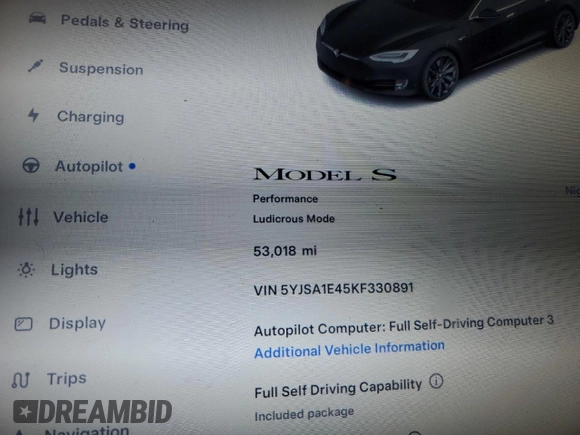 2019 Tesla Model S 100D с VIN 5YJSA1E45KF330891, выставлен на аукционе Copart как лот 48133005 с пробегом 53 018 миль миль и Списание • Salvage title. История ставок и продаж доступна на DreamBid. Изображение 9.