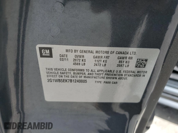 2011 Chevrolet Impala LT Retail with VIN 2G1WB5EK7B1240805, listed as a Copart auction lot 53807605 with 73,357 mi miles and Salvage Title. Bid and sale history available at DreamBid. Image 12.