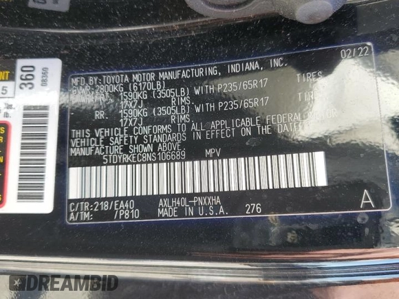 2022 Toyota Sienna XLE with VIN 5TDYRKEC8NS106689, listed as a Copart auction lot 49428235 with 115,719 mi miles and Salvage Title. Bid and sale history available at carsss.com. Image 15.