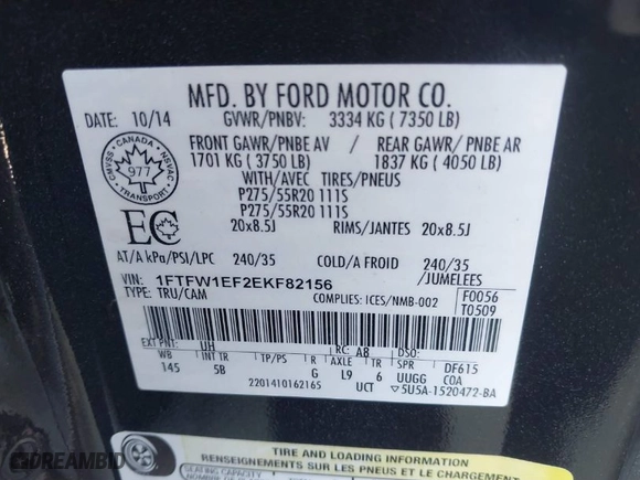 2014 Ford F-150 XL with VIN 1FTFW1EF2EKF82156, listed as a IAAI auction lot 41701634 with 302,794 mi miles. Bid and sale history available at carsss.com. Image 9.