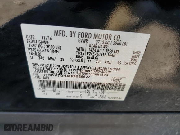 2017 Ford Explorer XLT with VIN 1FM5K7DH4HGB26627, listed as a Copart auction lot 62708745 with 103,367 mi miles and Clean title. Bid and sale history available at DreamBid. Image 13.