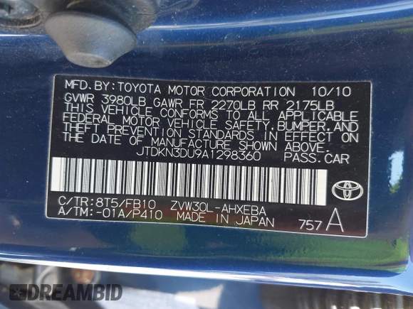 2010 Toyota Prius II with VIN JTDKN3DU9A1298360, listed as a IAAI auction lot 42169184 with 207,738 mi miles. Bid and sale history available at carsss.com. Image 9.