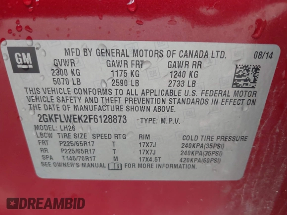 2015 GMC Terrain SLE with VIN 2GKFLWEK2F6128873, listed as a IAAI auction lot 42482250 with 183,192 mi miles and . Bid and sale history available at DreamBid. Image 9.