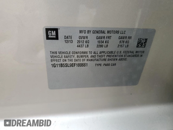 2014 Chevrolet Malibu LS with VIN 1G11B5SL9EF180661, listed as a Copart auction lot 54167525 with 234,825 mi miles and Non Repairable. Bid and sale history available at DreamBid. Image 12.