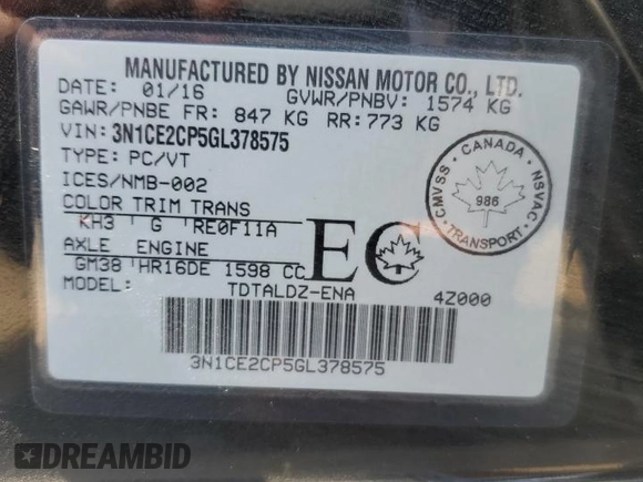 2016 Nissan Note S with VIN 3N1CE2CP5GL378575, listed as a Copart auction lot 61599415 with 71,436 mi miles and Clean title. Bid and sale history available at DreamBid. Image 12.