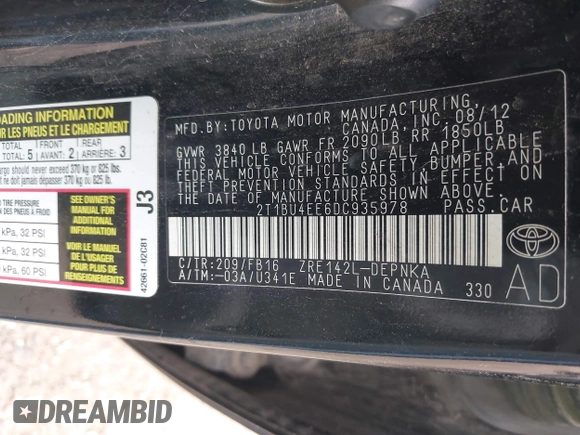 2013 Toyota Corolla L with VIN 2T1BU4EE6DC935978, listed as a IAAI auction lot 42111995 with 200,152 mi miles. Bid and sale history available at carsss.com. Image 9.