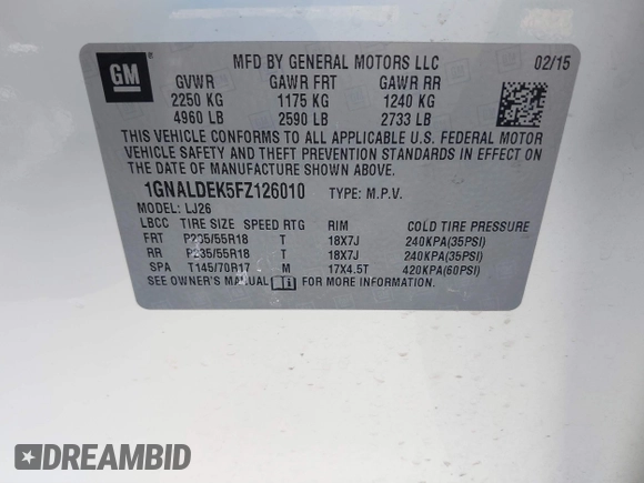 2015 Chevrolet Equinox LTZ with VIN 1GNALDEK5FZ126010, listed as a IAAI auction lot 41646828 with 68,557 mi miles. Bid and sale history available at carsss.com. Image 9.