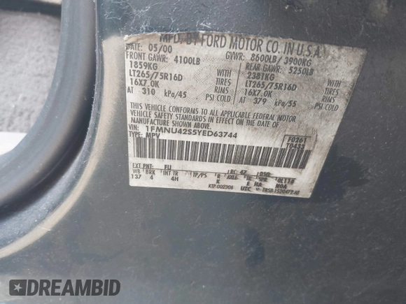 2000 Ford Excursion Limited с VIN 1FMNU42S5YED63744, выставлен на аукционе IAAI как лот 42581052 с пробегом 146 720 миль миль и . История ставок и продаж доступна на DreamBid. Изображение 9.