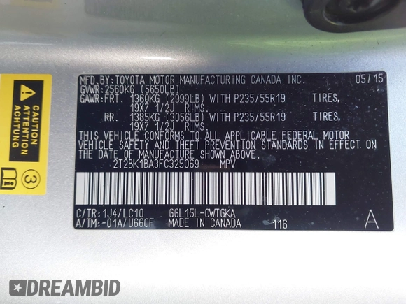 2015 Lexus RX 350 with VIN 2T2BK1BA3FC325069, listed as a IAAI auction lot 41978795 with 138,597 mi miles and . Bid and sale history available at DreamBid. Image 9.