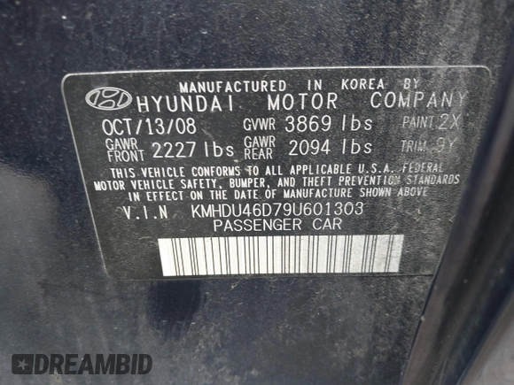 2009 Hyundai Elantra GLS с VIN KMHDU46D79U601303, выставлен на аукционе IAAI как лот 42718391 с пробегом 221 349 миль миль и . История ставок и продаж доступна на DreamBid. Изображение 9.