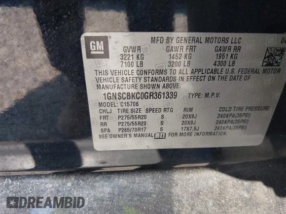 2016 Chevrolet Tahoe LT z VIN 1GNSCBKC0GR361339, wystawiony jako IAAI lot #42026931 z przebiegiem 123 927 mil mil oraz . Historia ofert i sprzedaży dostępna na DreamBid. Obrazek 9.