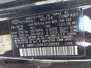 2018 Hyundai Kona SE with VIN KM8K12AA4JU186849, listed as a IAAI auction lot 40733065 with 112,821 mi miles and . Bid and sale history available at DreamBid. Image 9.